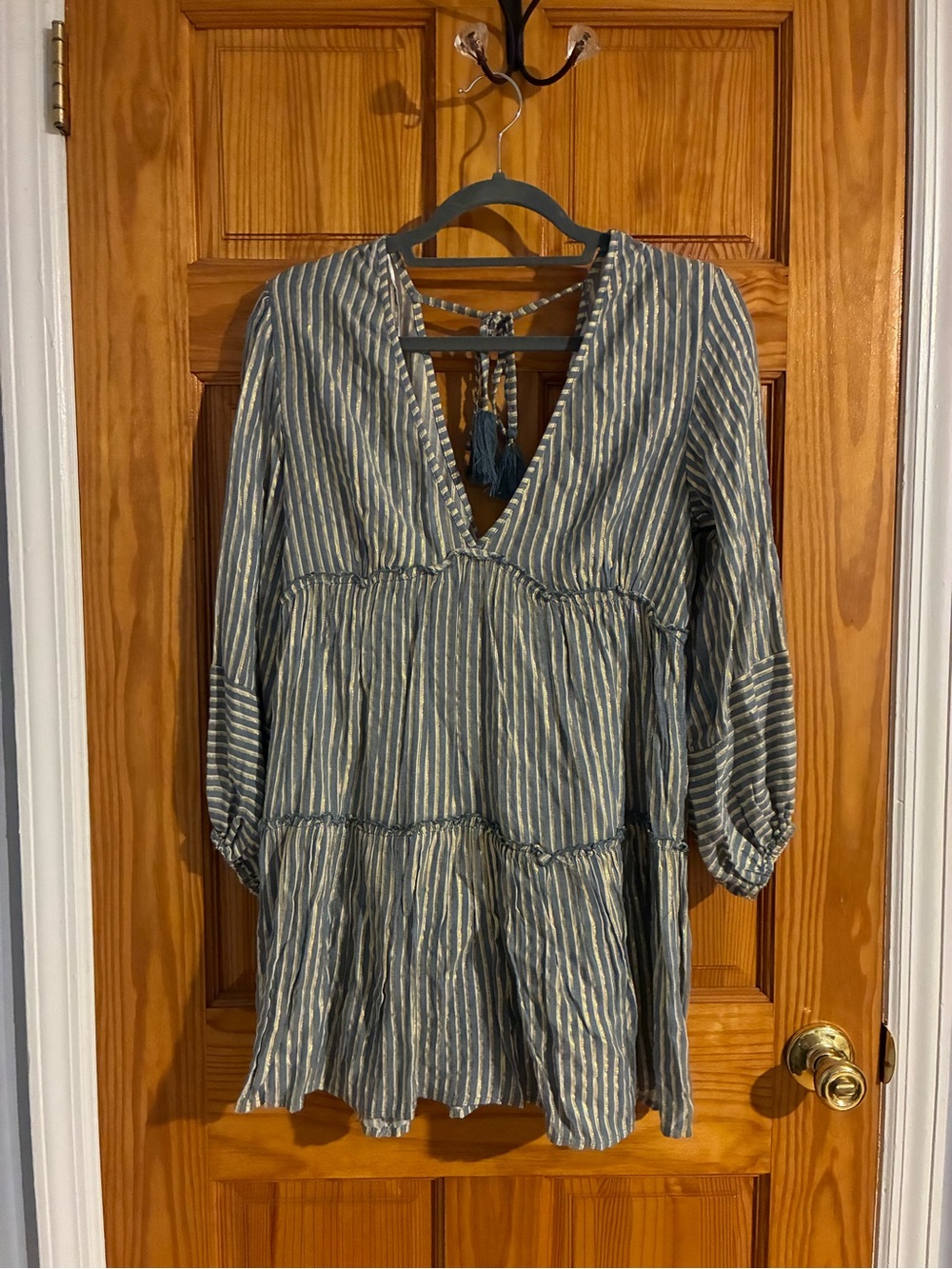 blue island Blue and White Striped V-Neck Tiered Dress